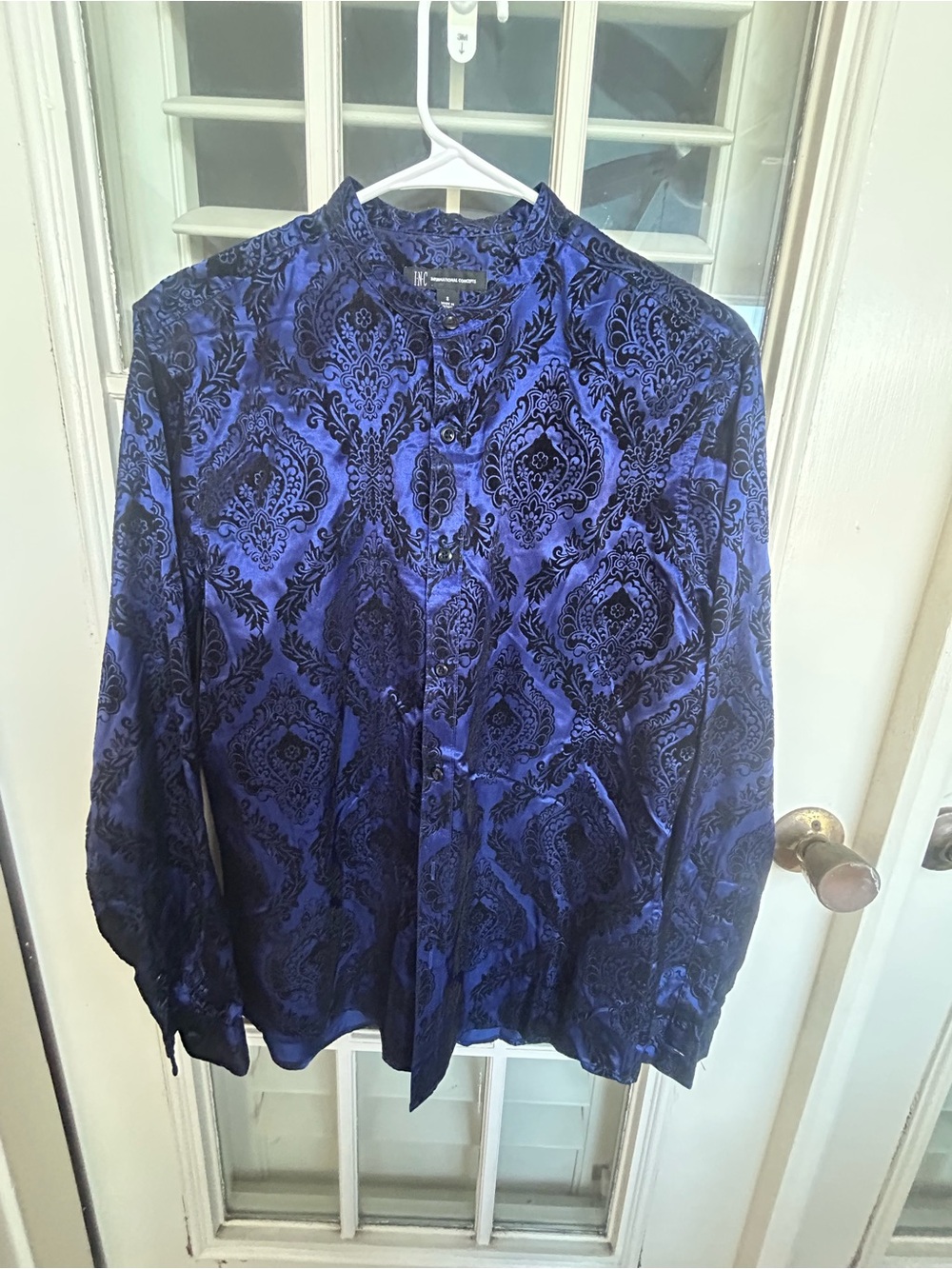 INC International Concepts Blue and Black Velvet Damask Button-Down Shirt